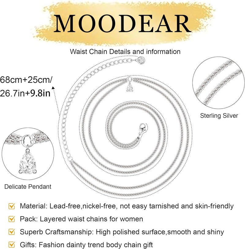 Moodear Valentines Day Gifts for Her Waist Chain for Women - Waterproof 14K Gold Plated/Silver Layered Belly Beads Chains with Drop Cubic Zirconia Body Chain Jewelry Sexy Bikini Belt for Summer Beach - Image 4